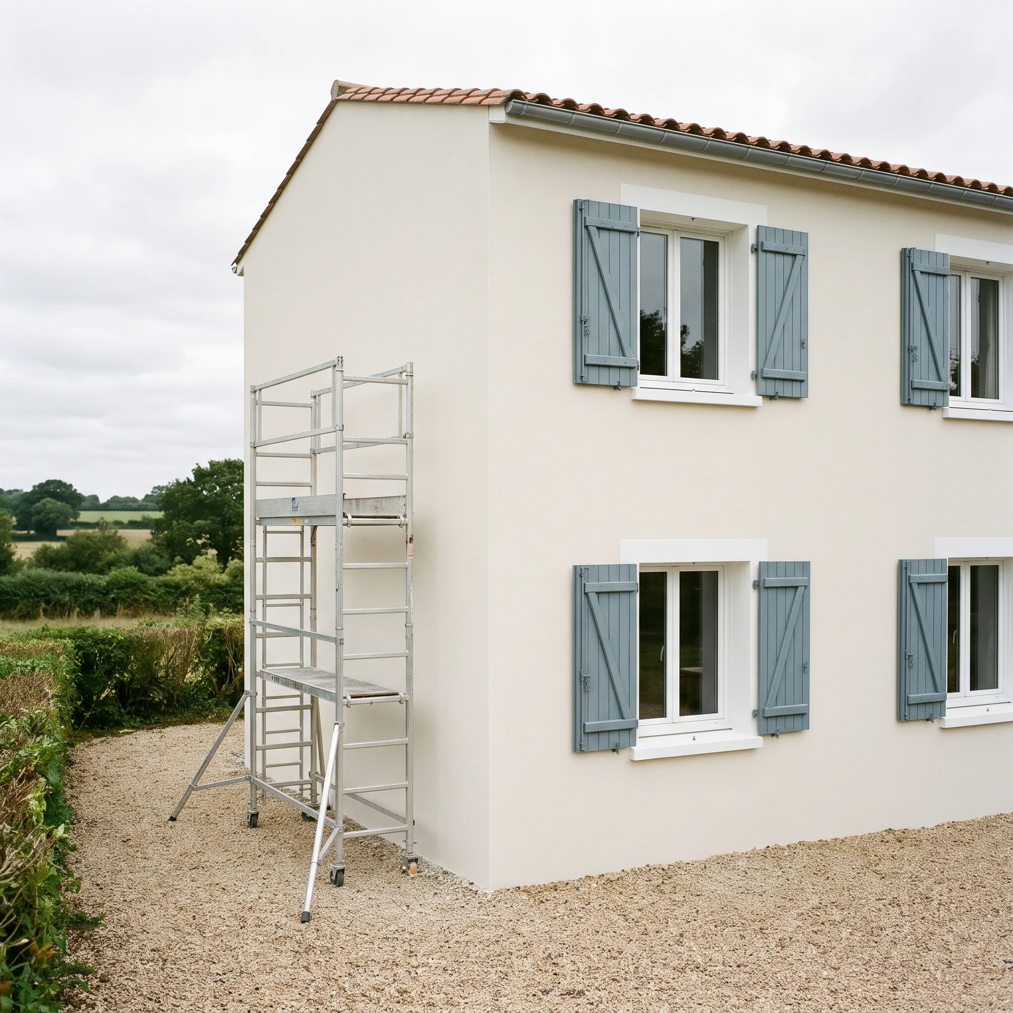 Illustration : la façade enduite d'une maison vendéenne refaite à neuf, un échafaudage roulant encore contre le mur