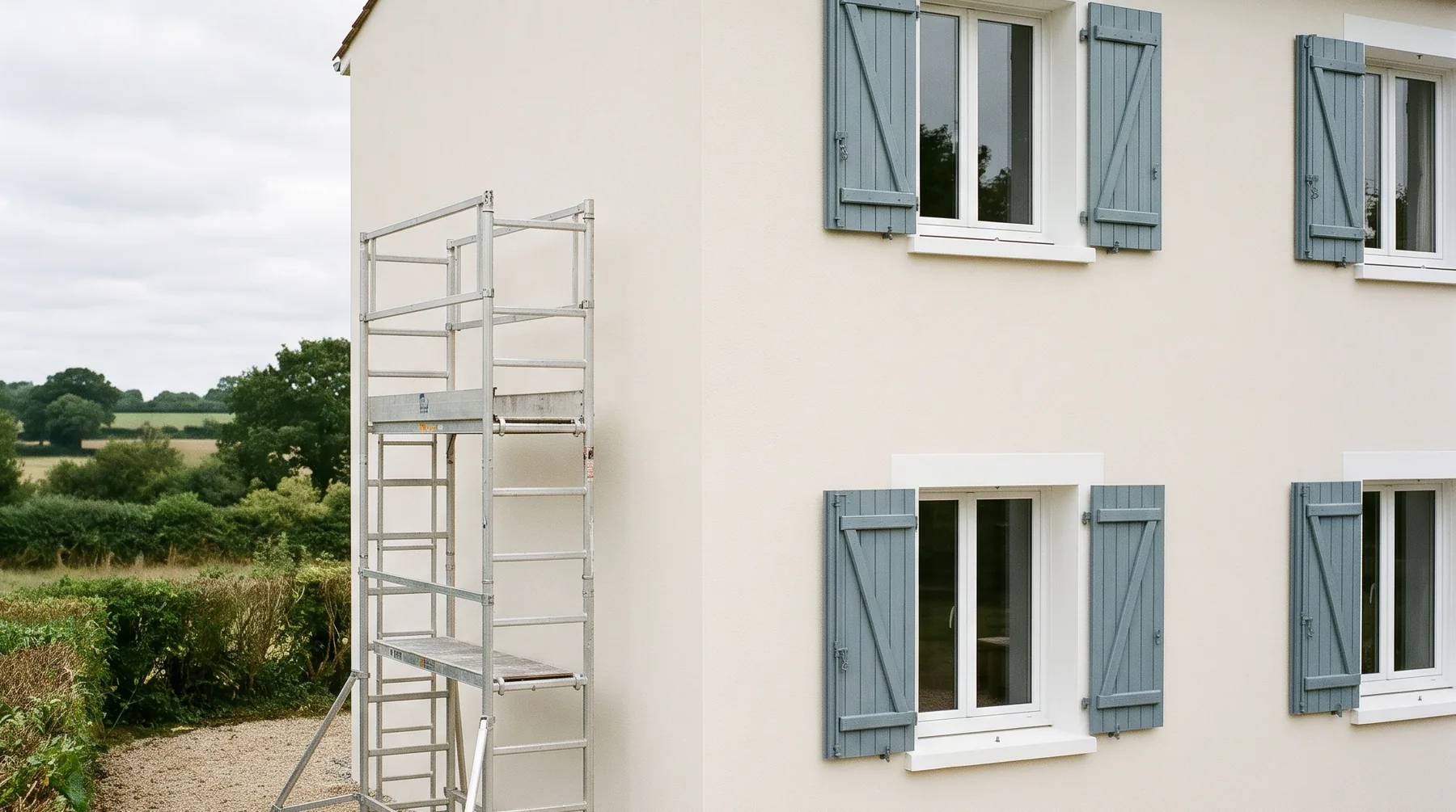 Illustration : façade de maison vendéenne refaite à neuf, enduit blanc cassé et volets bleus