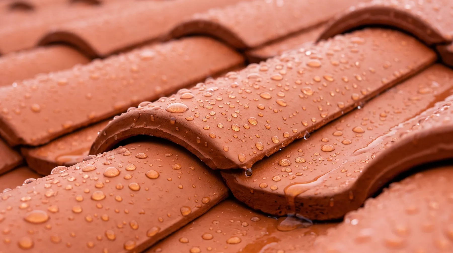 Illustration : tuiles rouges neuves, la pluie perle dessus