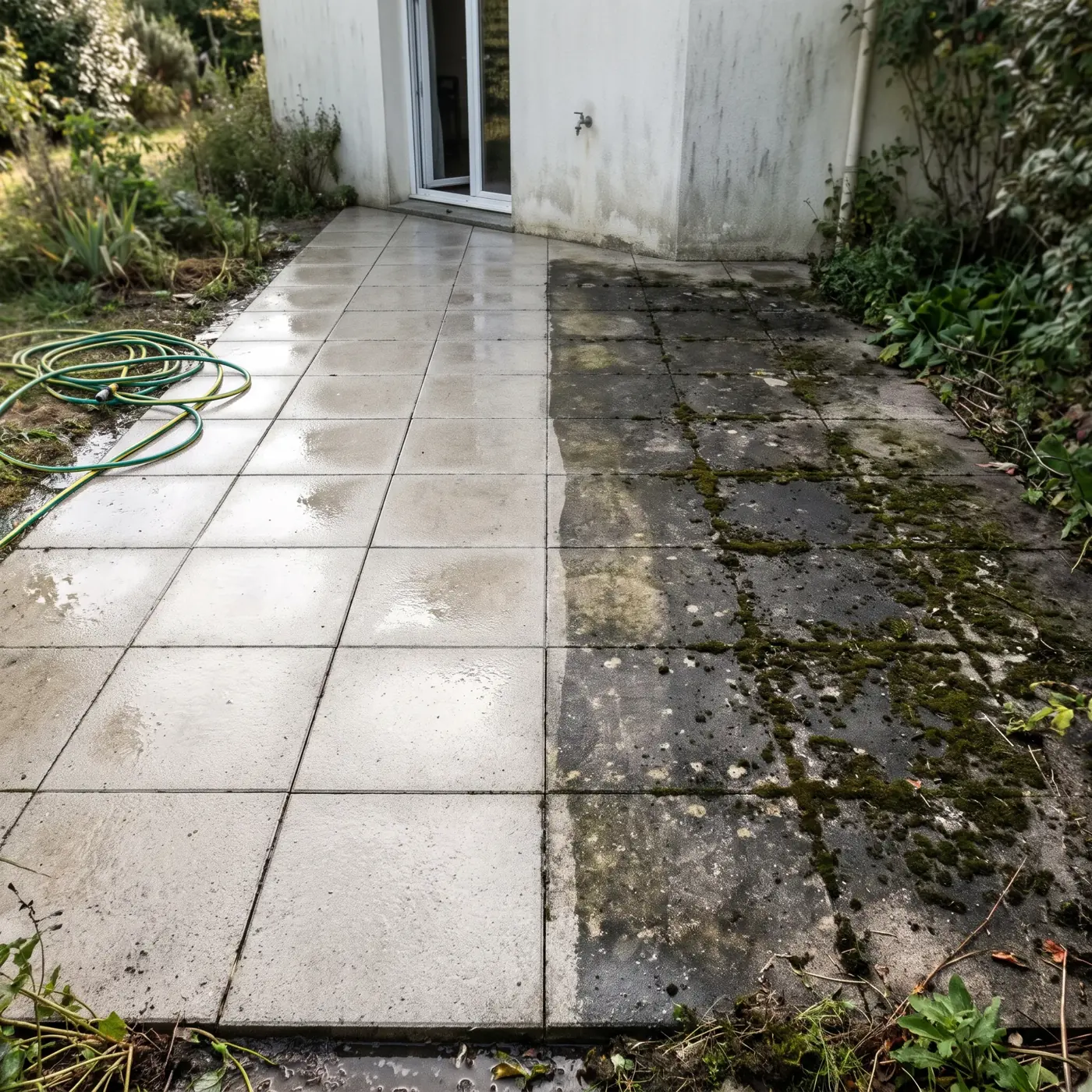 Illustration : une terrasse en dalles béton grises, moitié nettoyée, moitié encore verte de mousse, un tuyau d'arrosage enroulé au bord