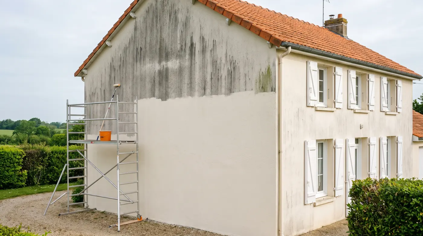 Illustration : façade de maison vendéenne en cours de peinture