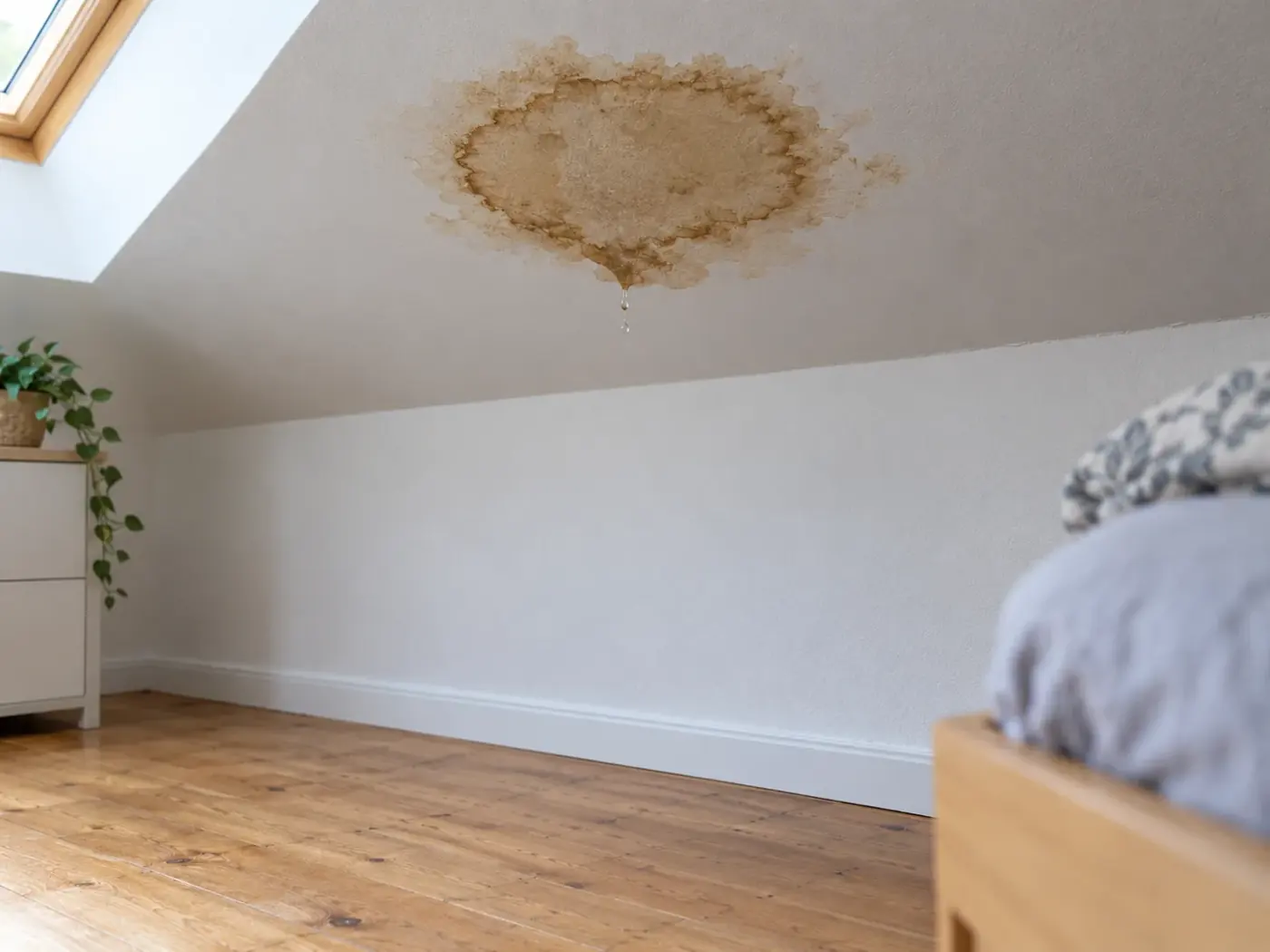 Illustration : une tache d'humidité brune qui s'étend au plafond d'une chambre sous combles, un seau au sol