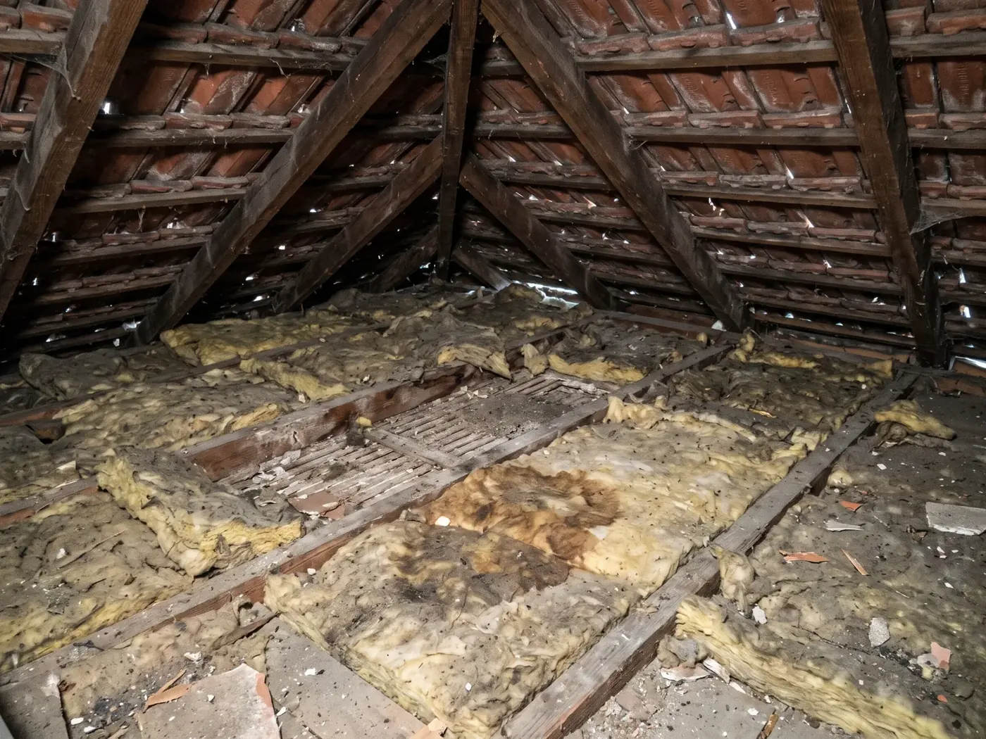Illustration : un plancher de combles avec un isolant vieux, tassé et jauni, des plaques d'humidité