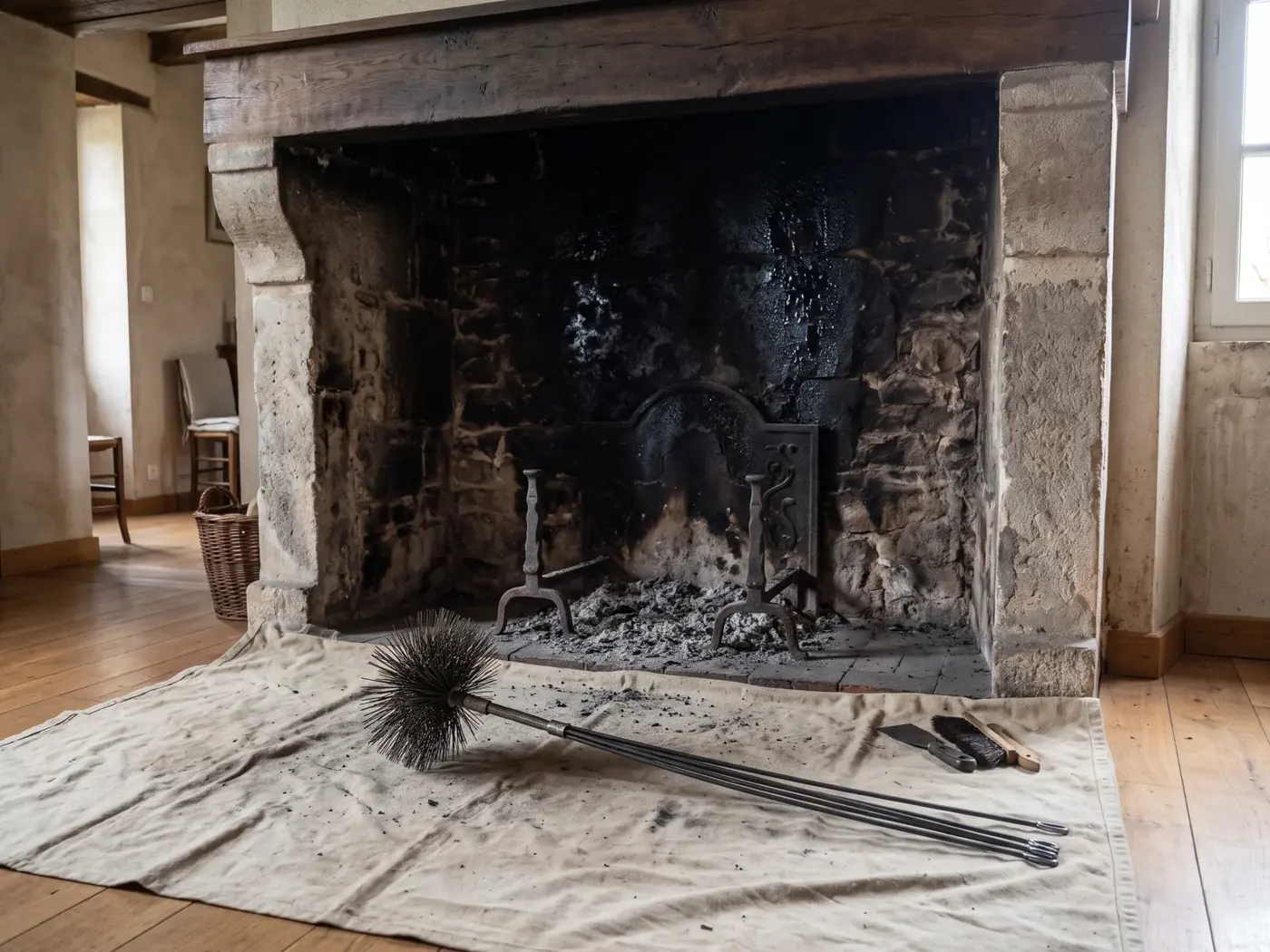Illustration : l'intérieur d'une cheminée froide, suie noire et goudron brillant sur les parois, hérisson posé sur une bâche