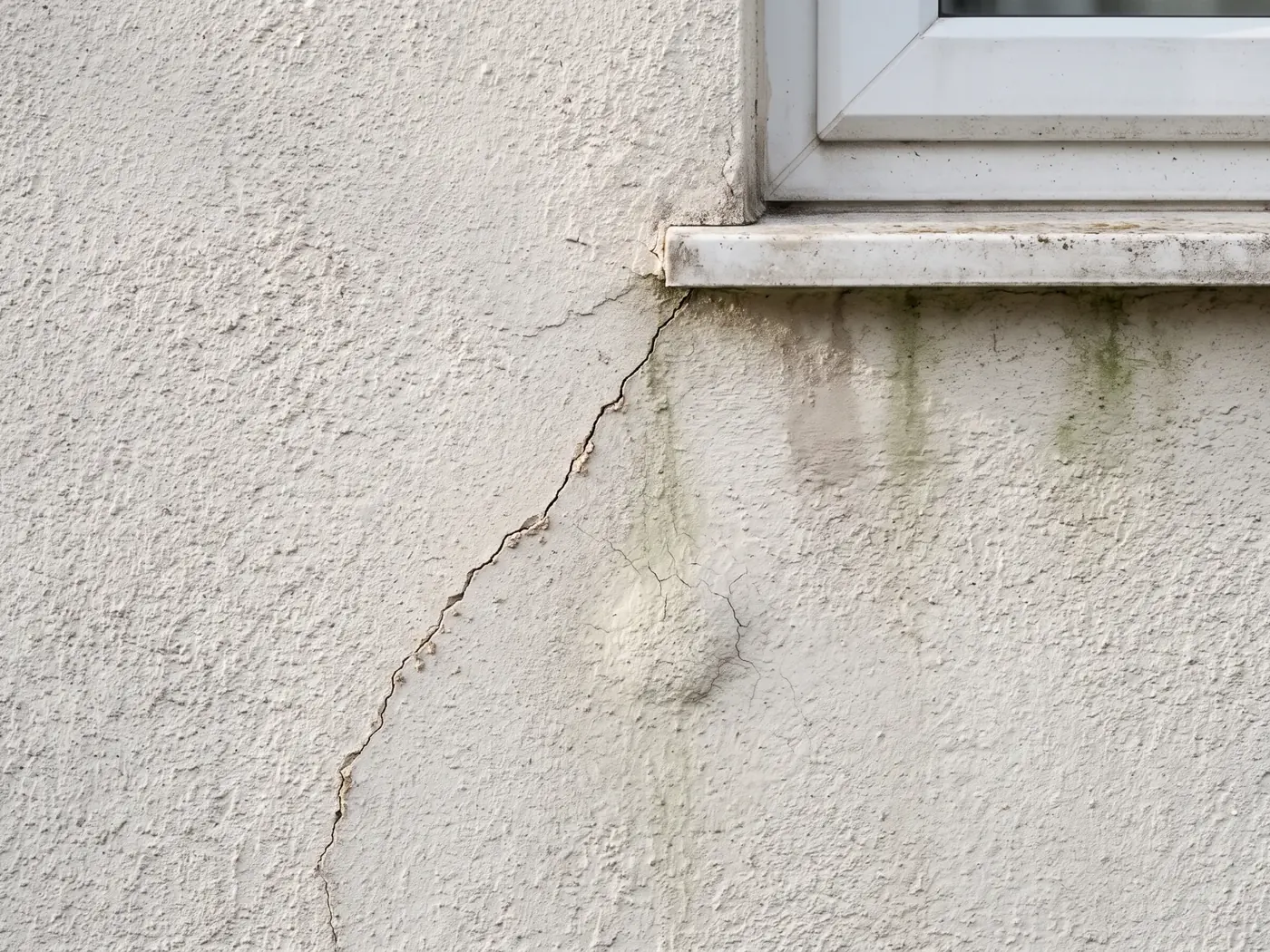 Illustration : un mur enduit fissuré sous un appui de fenêtre, traces vertes et enduit qui sonne creux